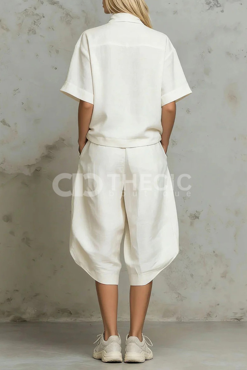 Linen-Blend Half-Zip Top Pleated Wide-Leg Crop Set