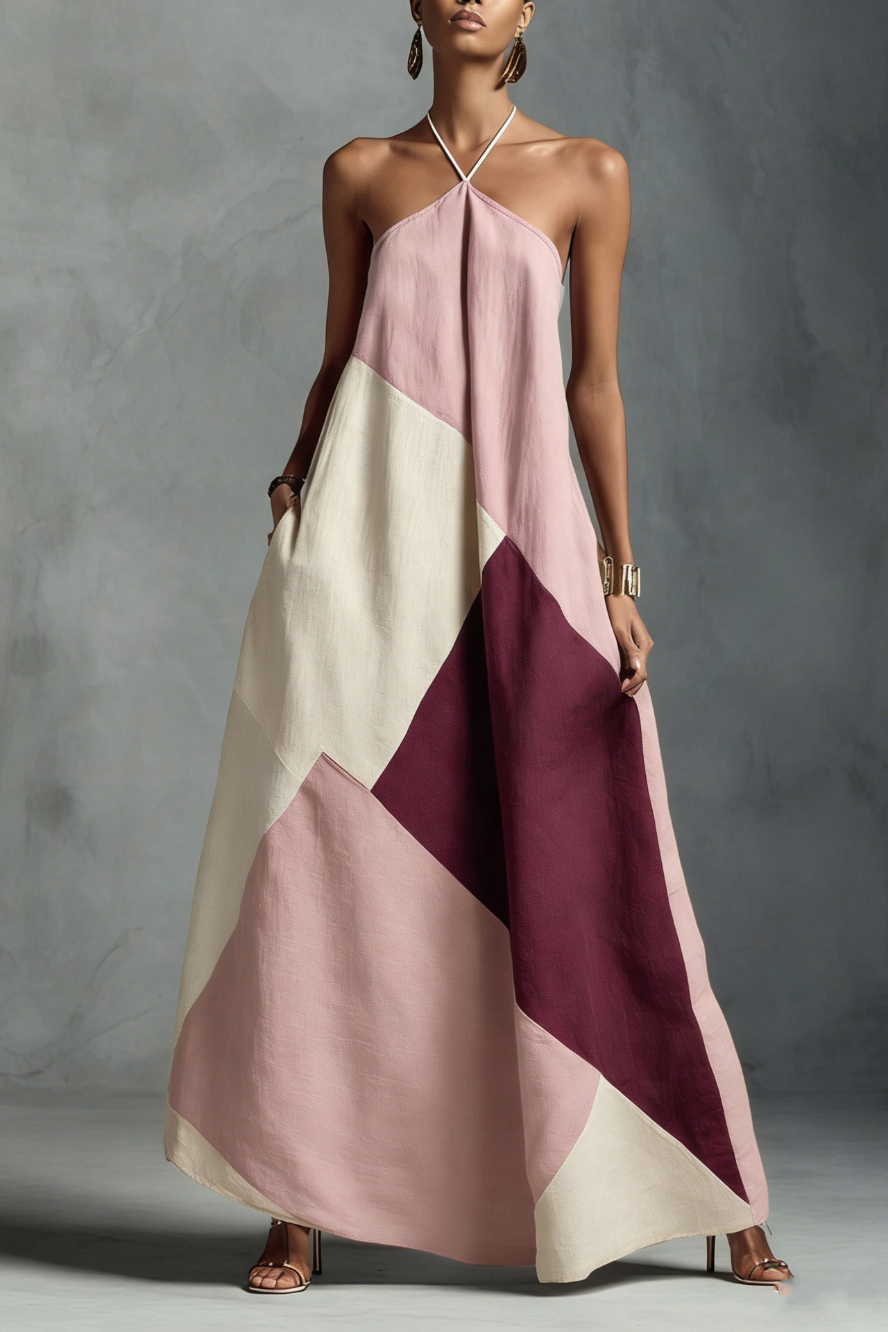 Linen Blend Halter Neck Patchwork A-Line Maxi Dress