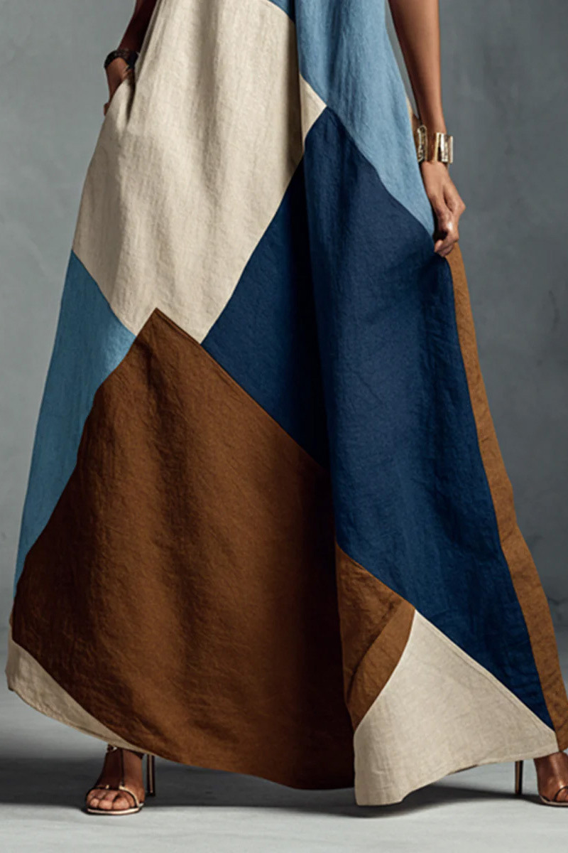 Linen Blend Halter Neck Patchwork A-Line Maxi Dress