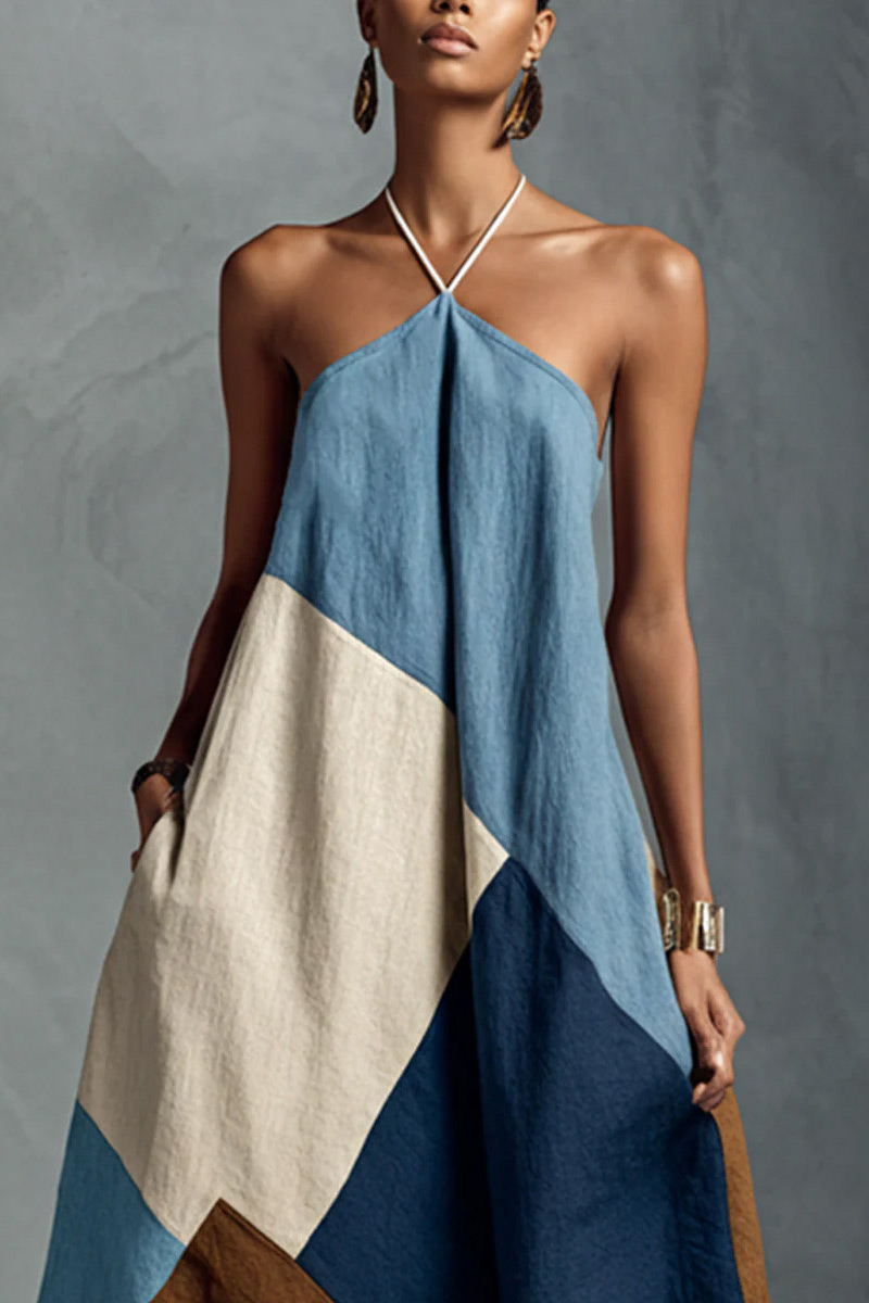 Linen Blend Halter Neck Patchwork A-Line Maxi Dress