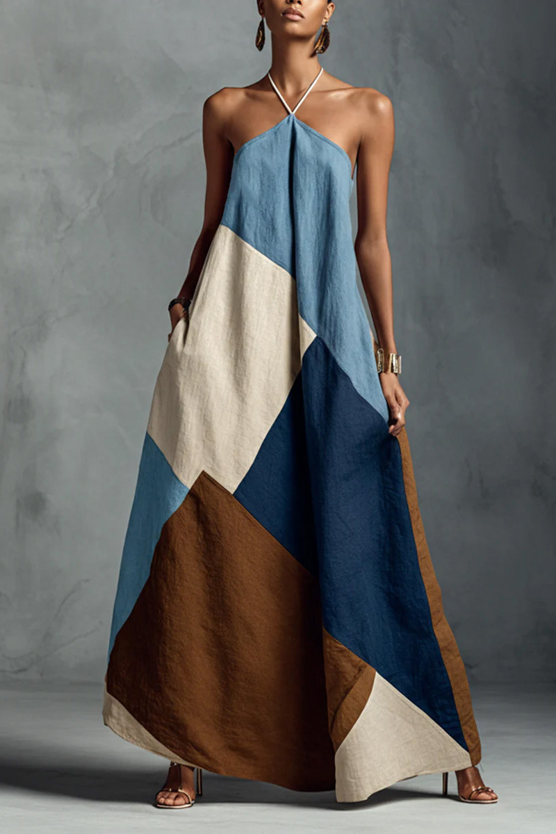 Linen Blend Halter Neck Patchwork A-Line Maxi Dress