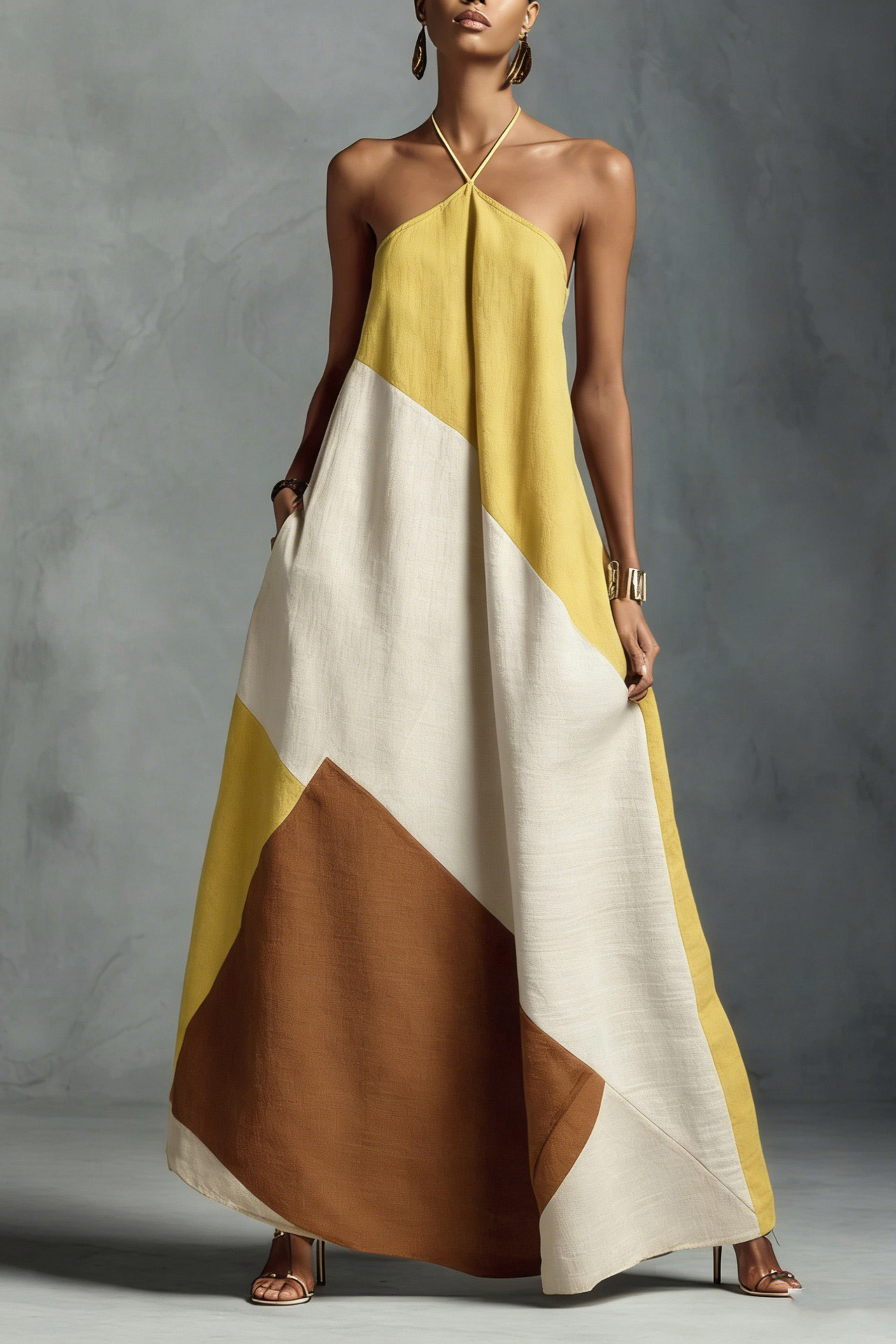 Linen Blend Halter Neck Patchwork A-Line Maxi Dress