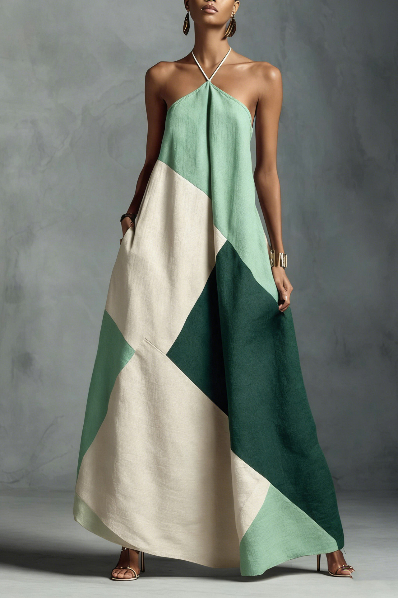 Linen Blend Halter Neck Patchwork A-Line Maxi Dress