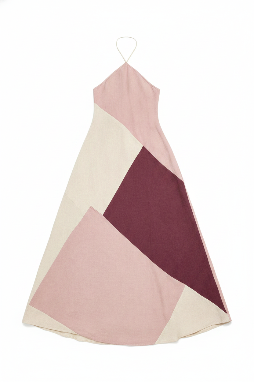 Linen Blend Halter Neck Patchwork A-Line Maxi Dress