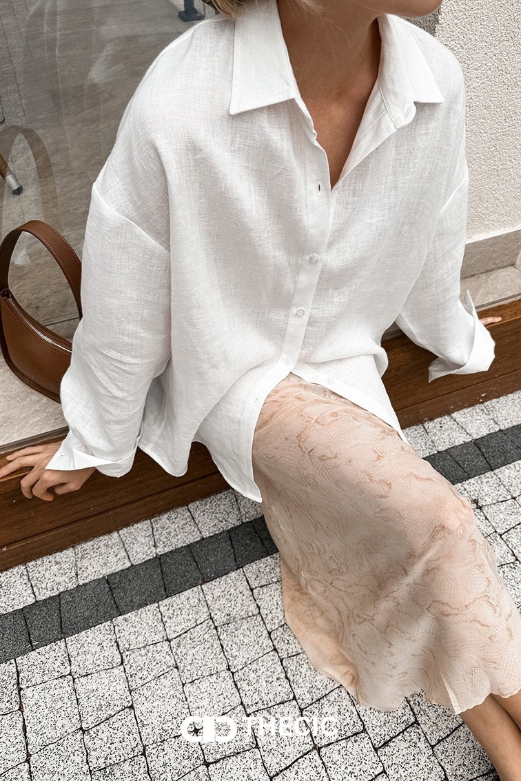 Linen Blend Oversized Button-Up Collared Shirt