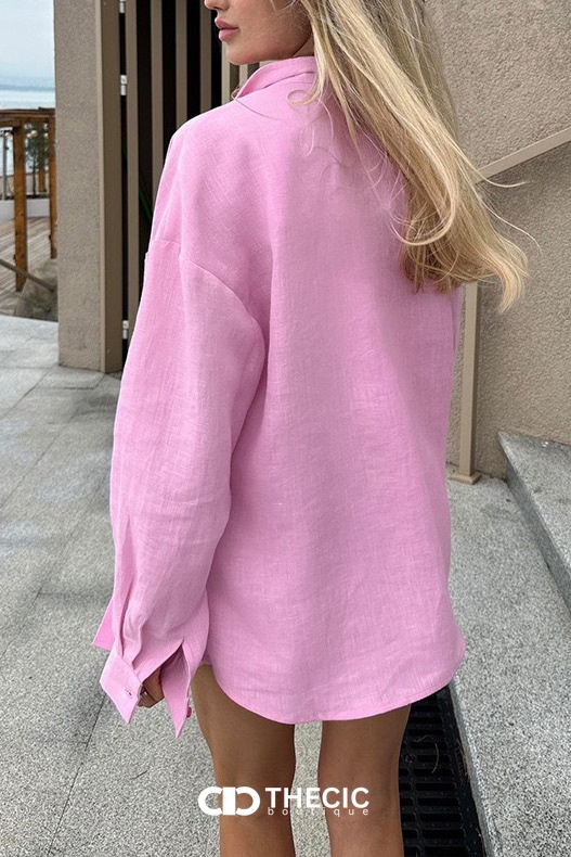 Linen Blend Oversized Button-Up Collared Shirt