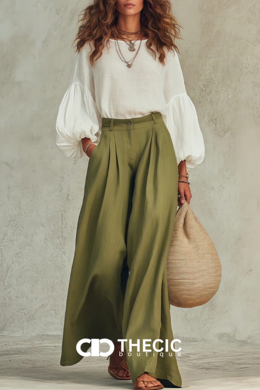 Linen Blend Pleated High-Waist Wide-Leg Pants Two Pieces Set
