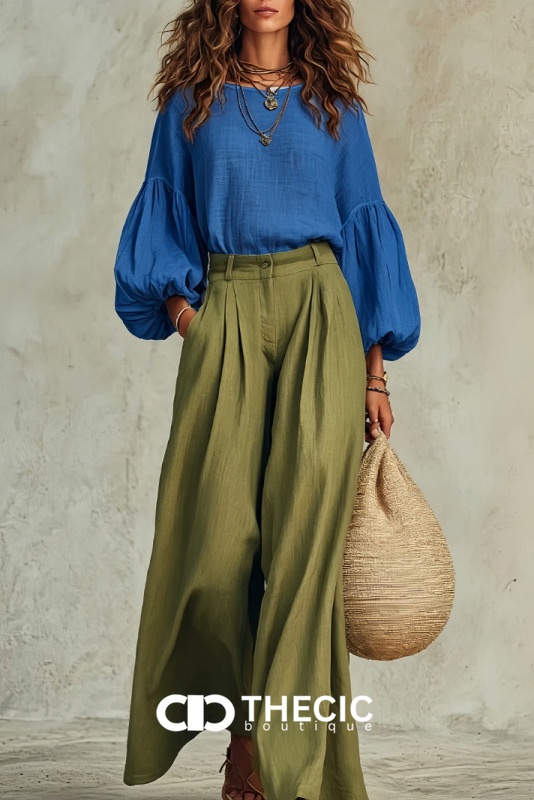 Linen Blend Pleated High-Waist Wide-Leg Pants Two Pieces Set