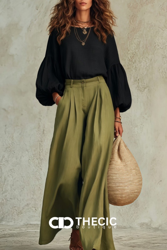 Linen Blend Pleated High-Waist Wide-Leg Pants Two Pieces Set