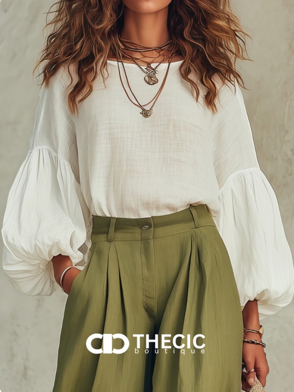 Linen Blend Pleated High-Waist Wide-Leg Pants Two Pieces Set