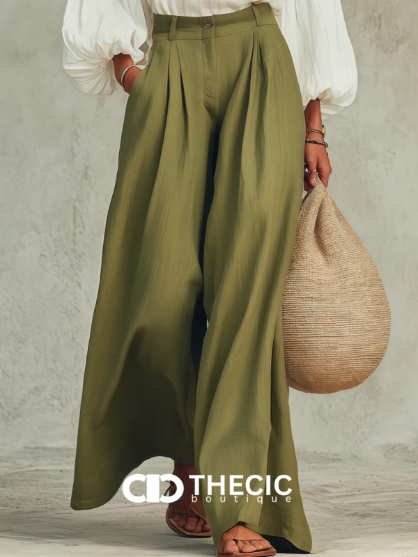 Linen Blend Pleated High-Waist Wide-Leg Pants Two Pieces Set