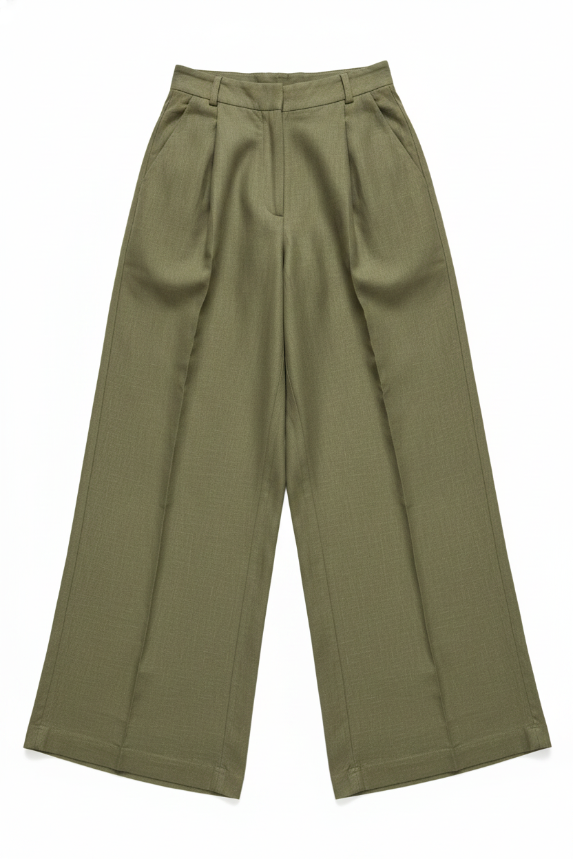Linen Blend Pleated High-Waist Wide-Leg Pants Two Pieces Set