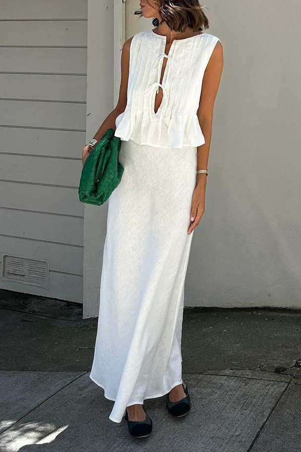 Linen-Blend Pleated Tie-Front Top and Maxi Skirt Set
