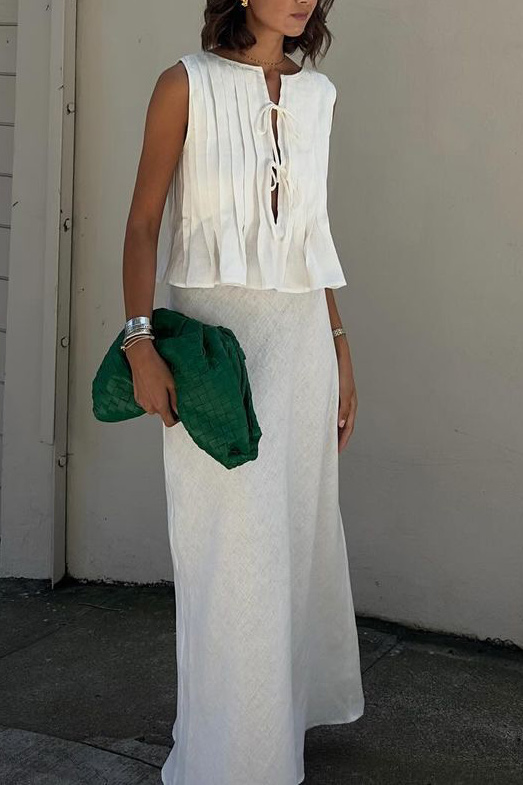 Linen-Blend Pleated Tie-Front Top and Maxi Skirt Set