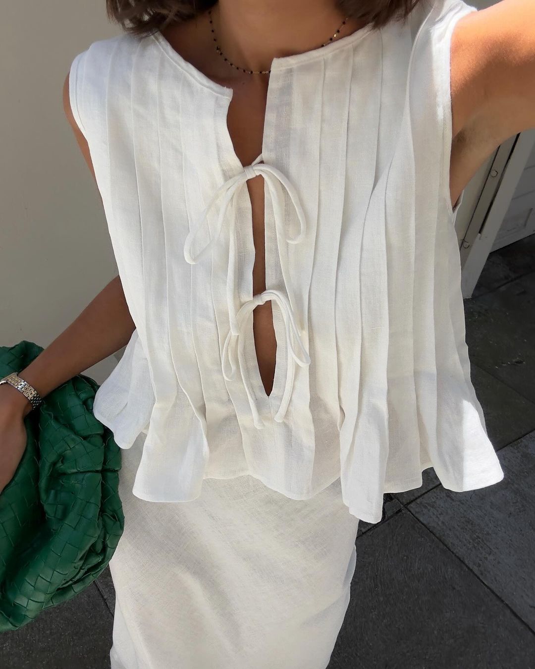 Linen-Blend Pleated Tie-Front Top and Maxi Skirt Set