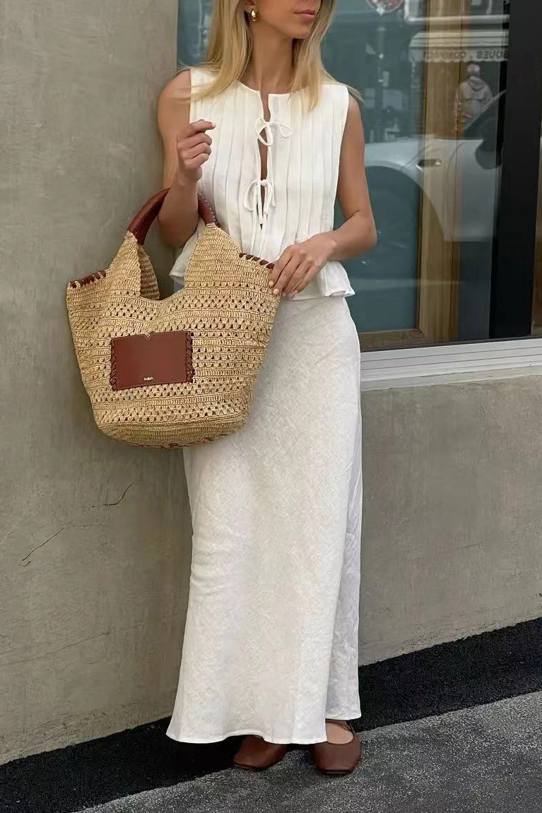 Linen-Blend Pleated Tie-Front Top and Maxi Skirt Set