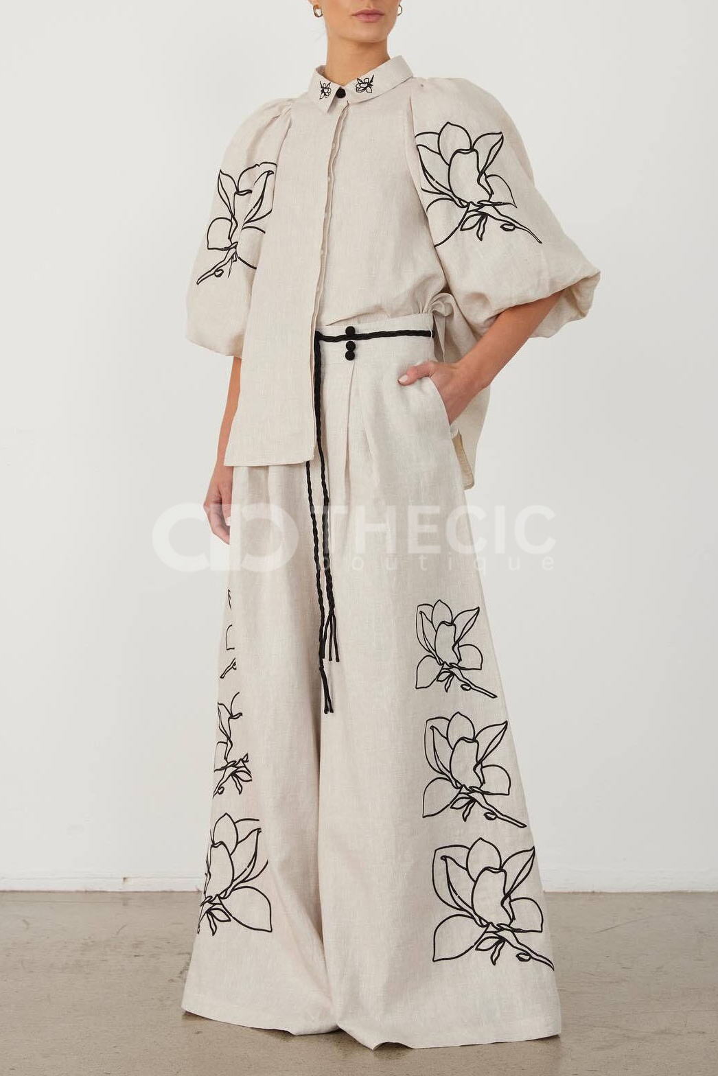 Linen Blend Puff Sleeve Embroidered Wide-Leg Pant Set
