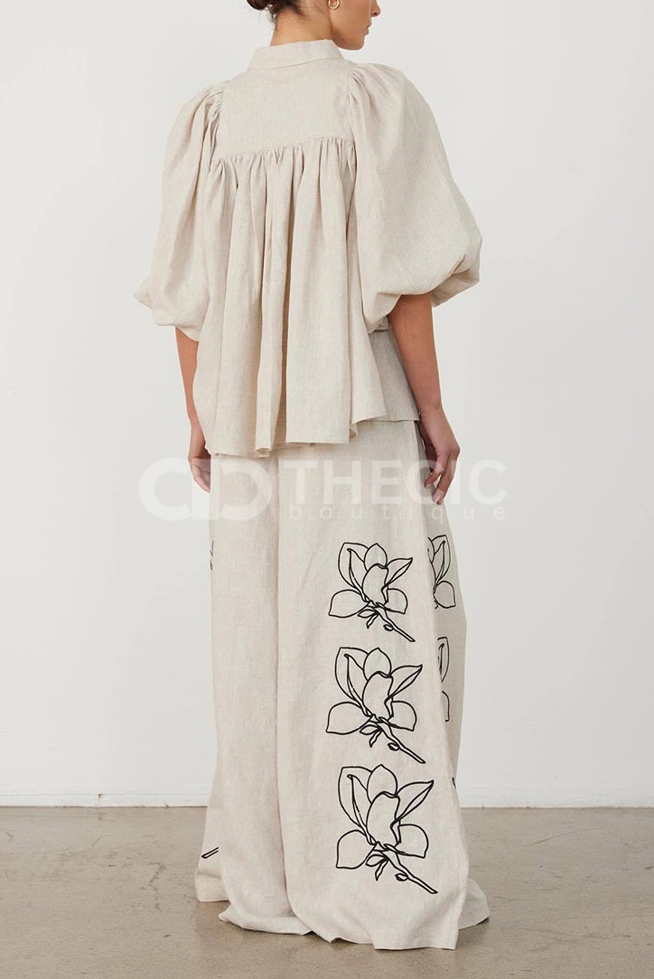 Linen Blend Puff Sleeve Embroidered Wide-Leg Pant Set