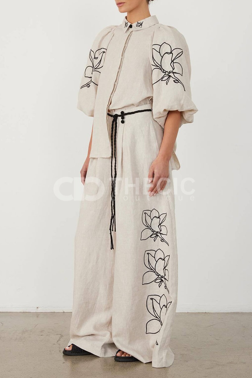 Linen Blend Puff Sleeve Embroidered Wide-Leg Pant Set