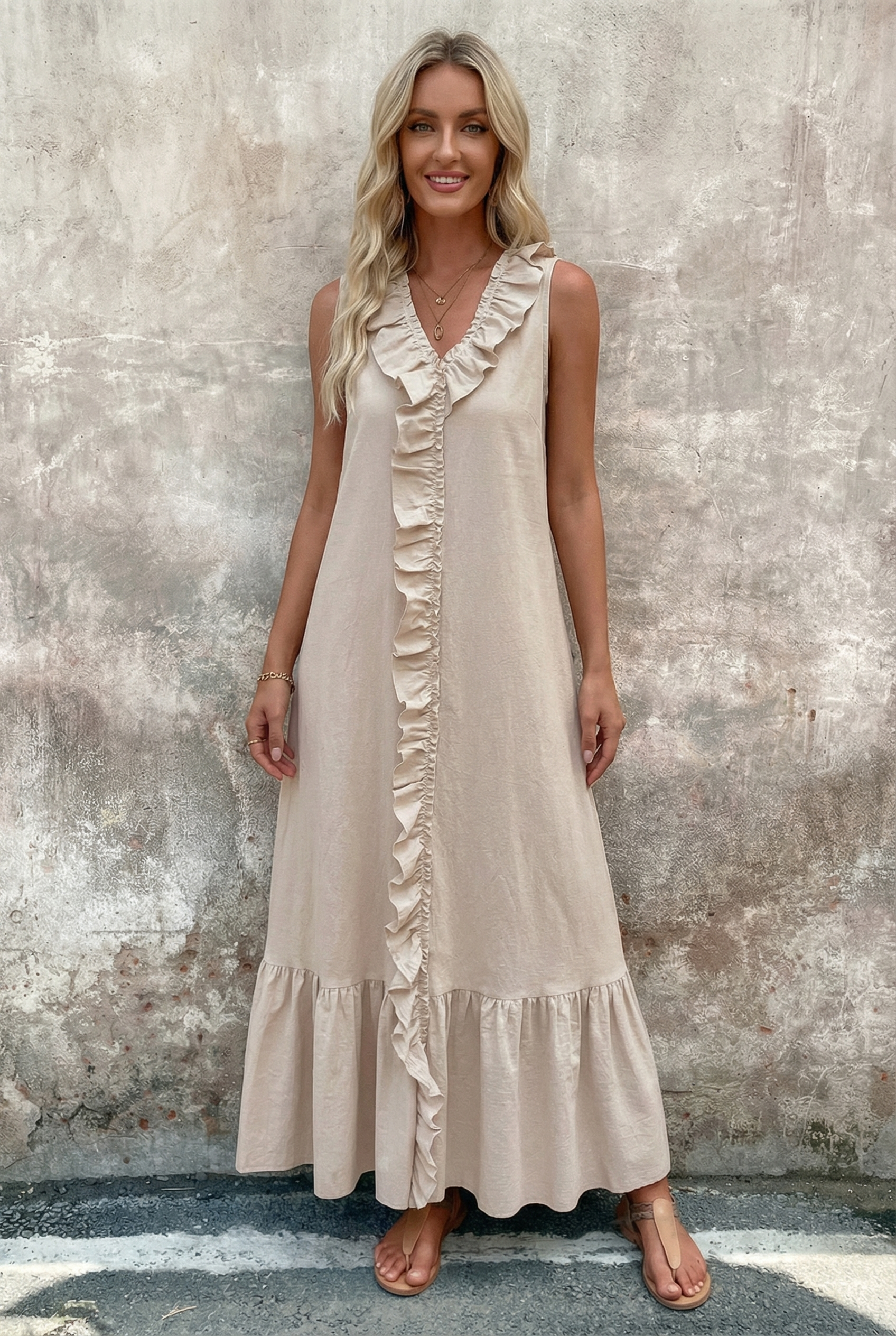 Linen Blend Ruffle Sleeveless Maxi Dress