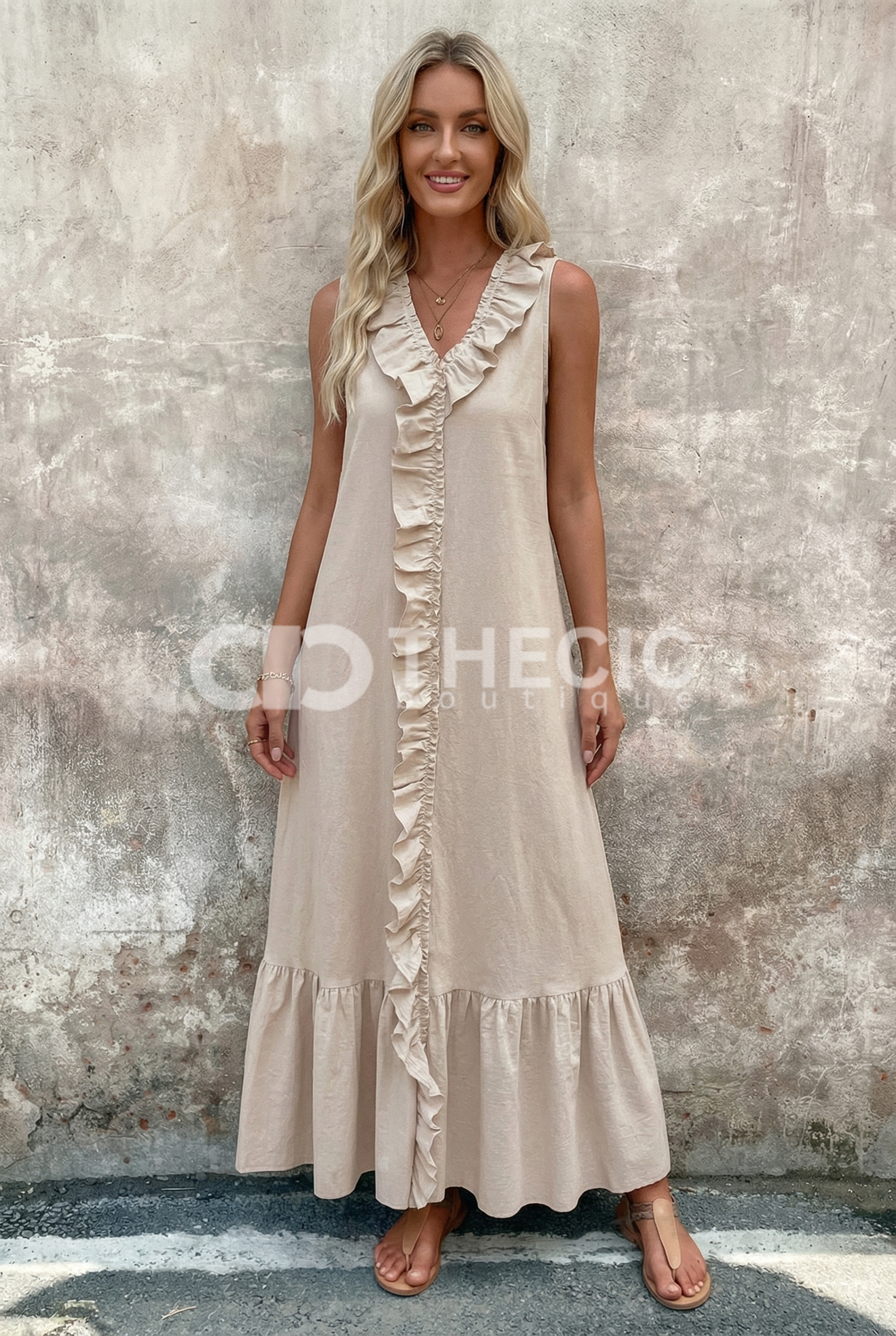 Linen Blend Ruffle Sleeveless Maxi Dress