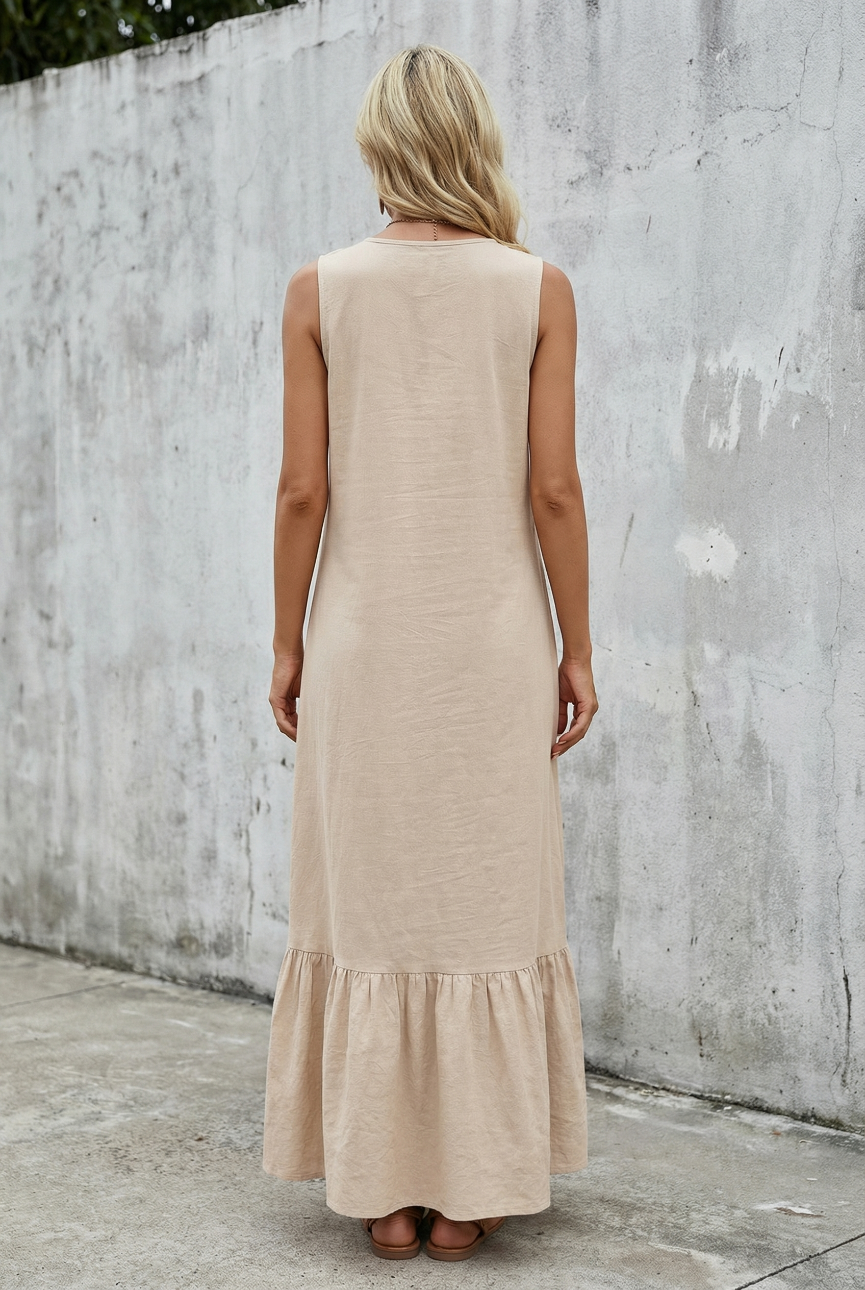 Linen Blend Ruffle Sleeveless Maxi Dress