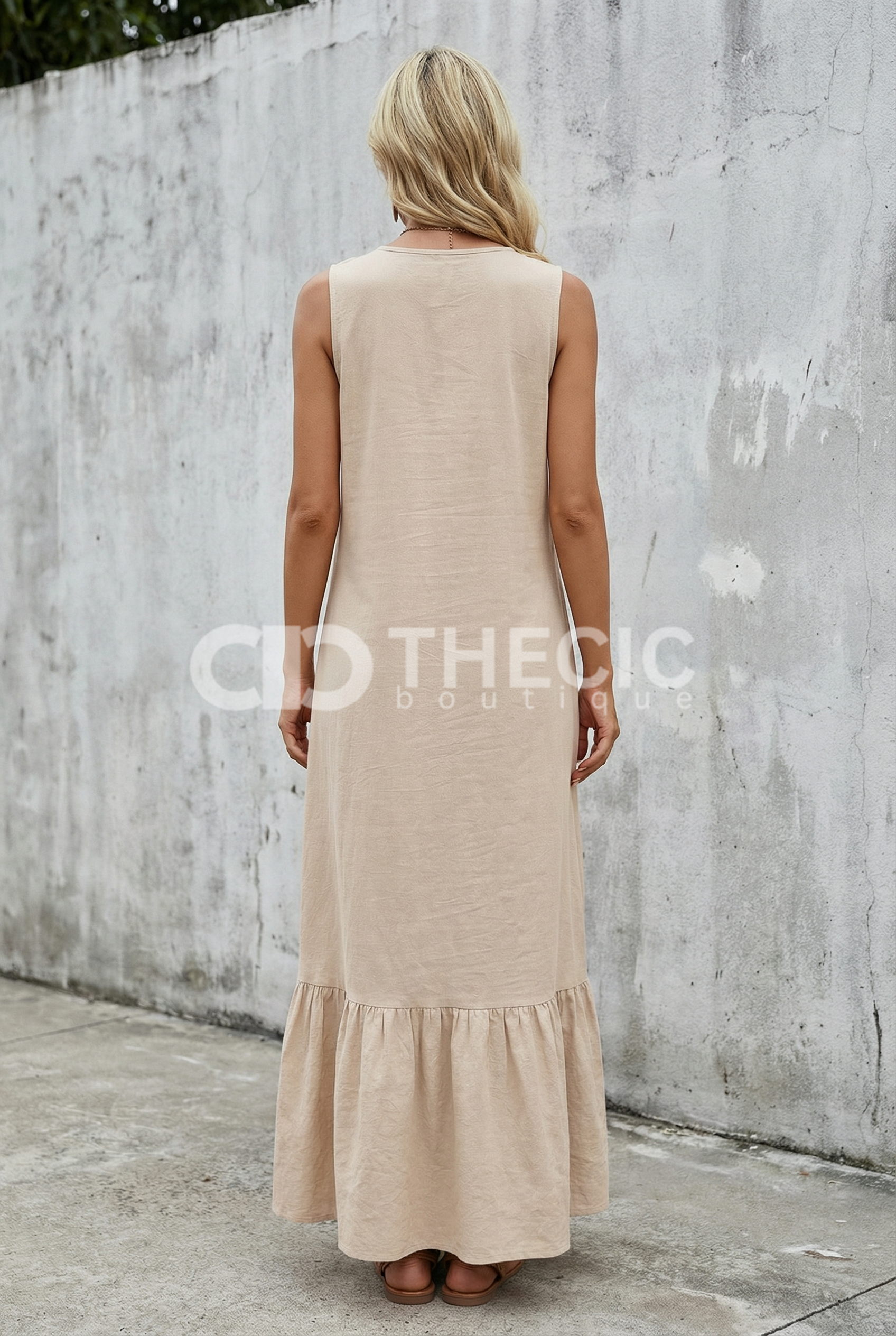 Linen Blend Ruffle Sleeveless Maxi Dress