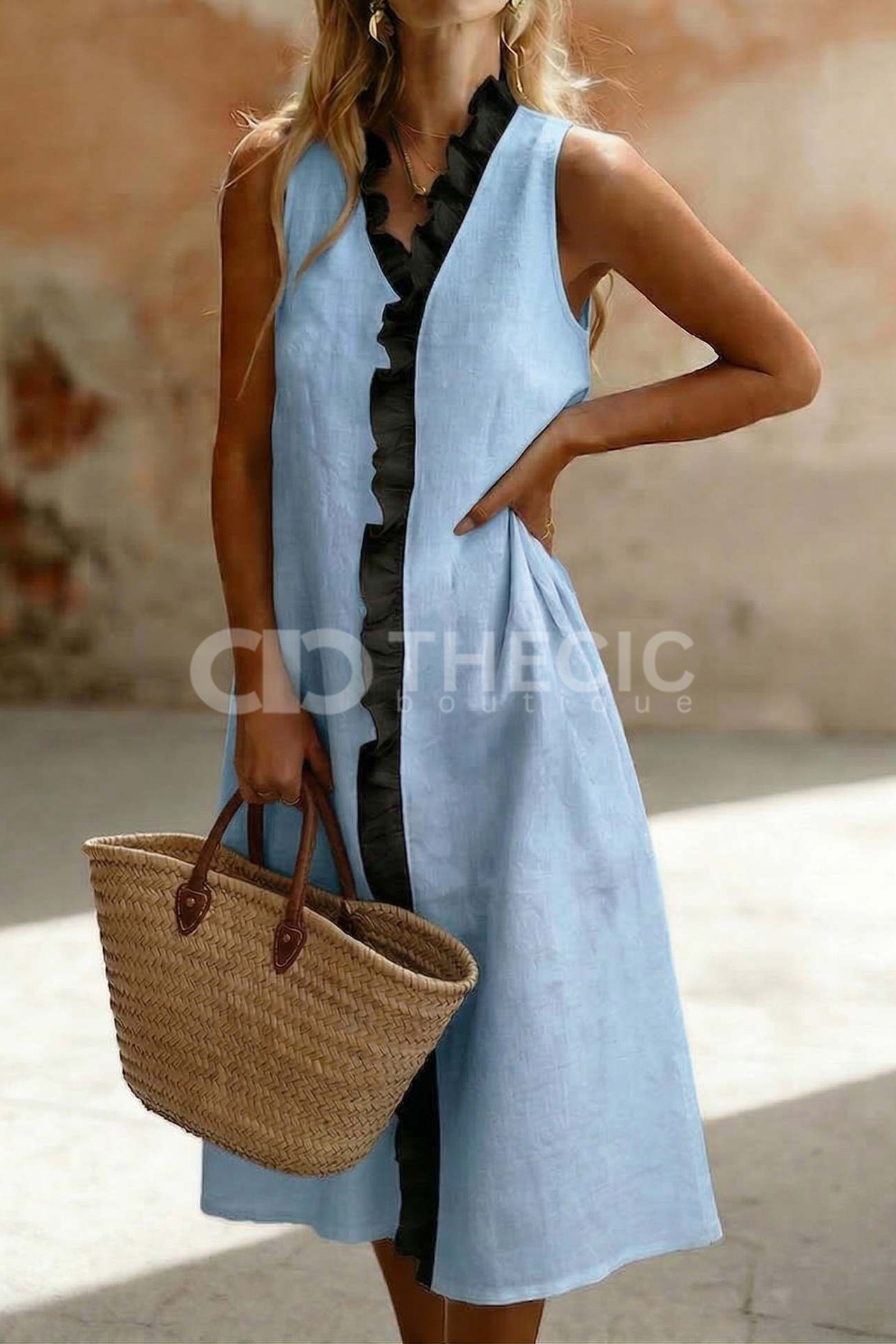 Linen Blend Ruffle Trim V-Neck Midi Dress