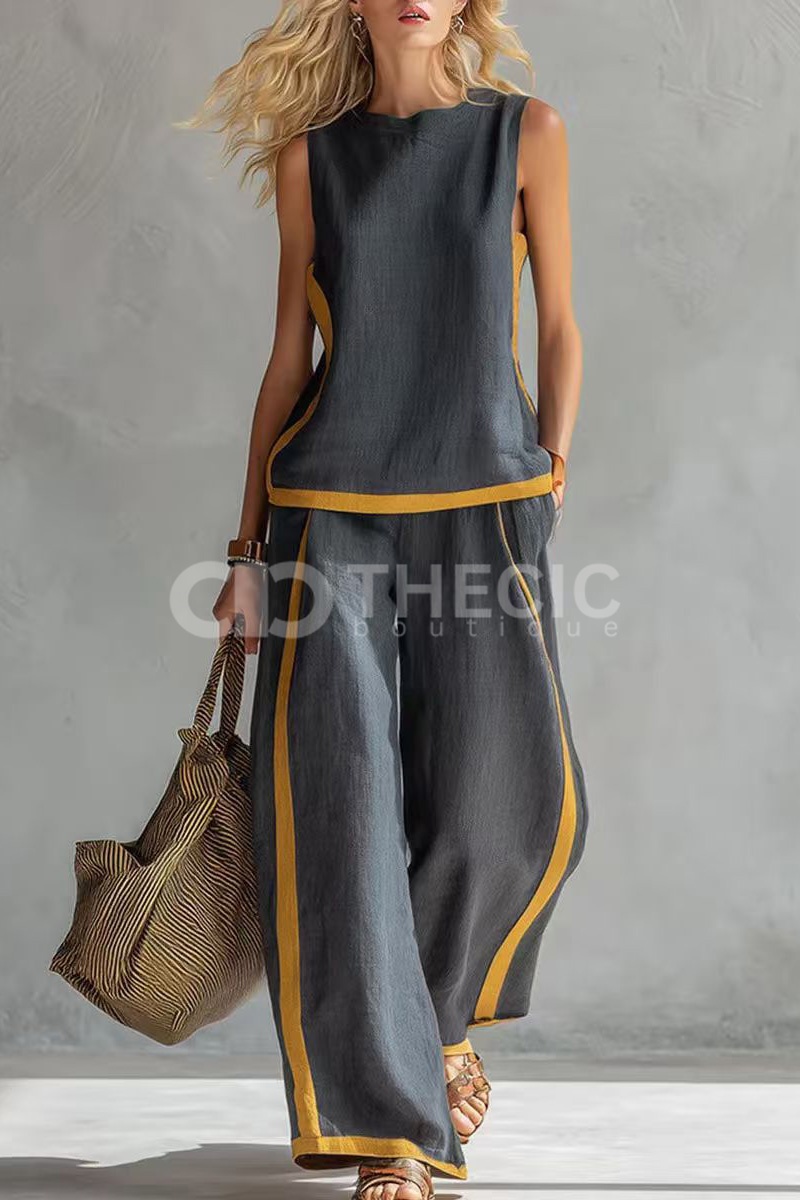 Linen-Blend Sleeveless Contrast Trim Wide-Leg Pant Set