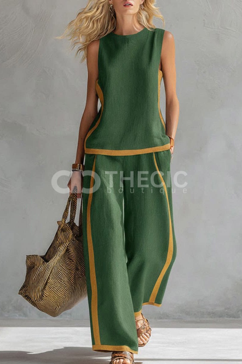 Linen-Blend Sleeveless Contrast Trim Wide-Leg Pant Set