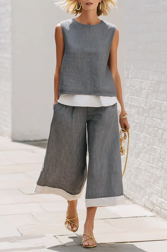 Linen-Blend Sleeveless Top Cropped Wide-Leg Set