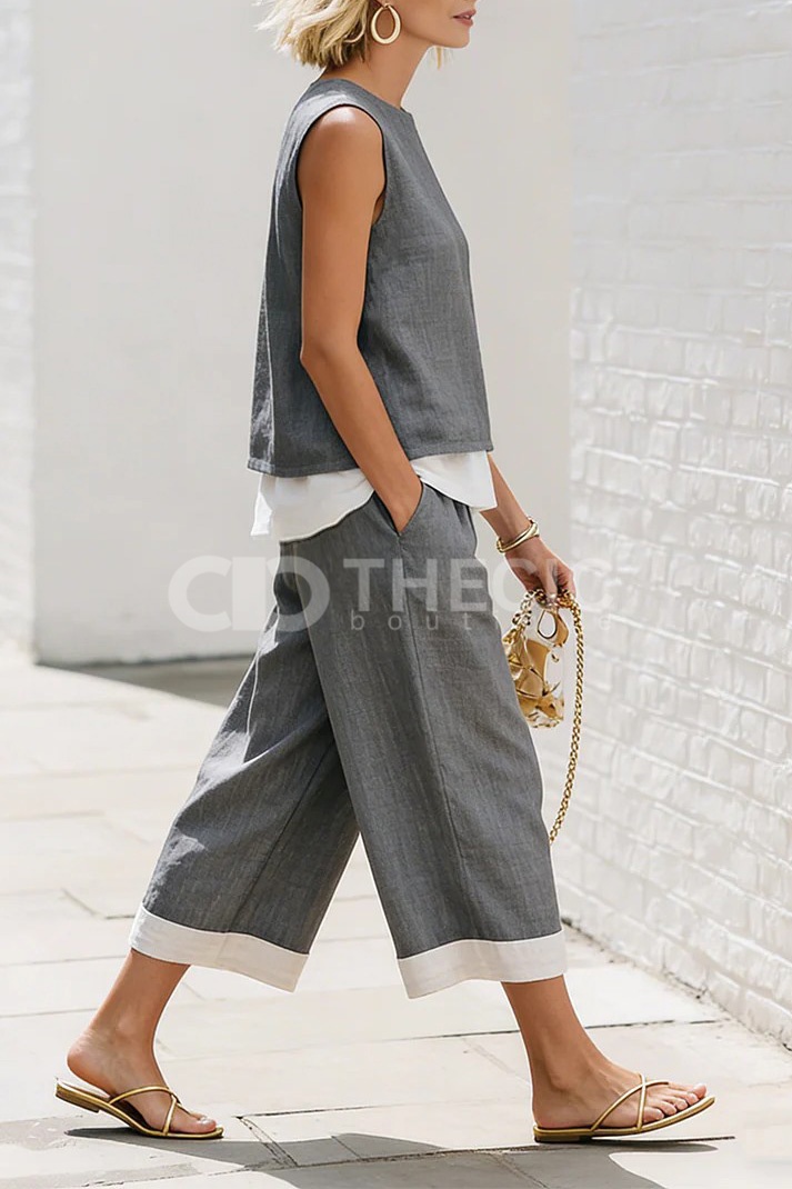 Linen-Blend Sleeveless Top Cropped Wide-Leg Set