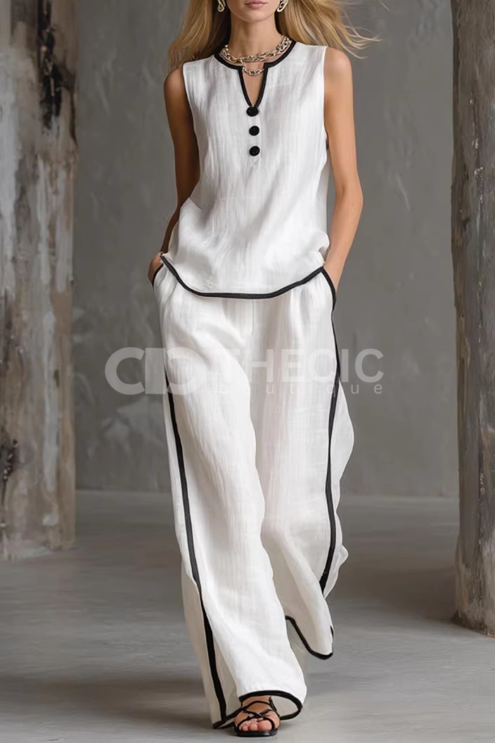 Linen-Blend Sleeveless V-Neck Contrast Trim Wide-Leg Set