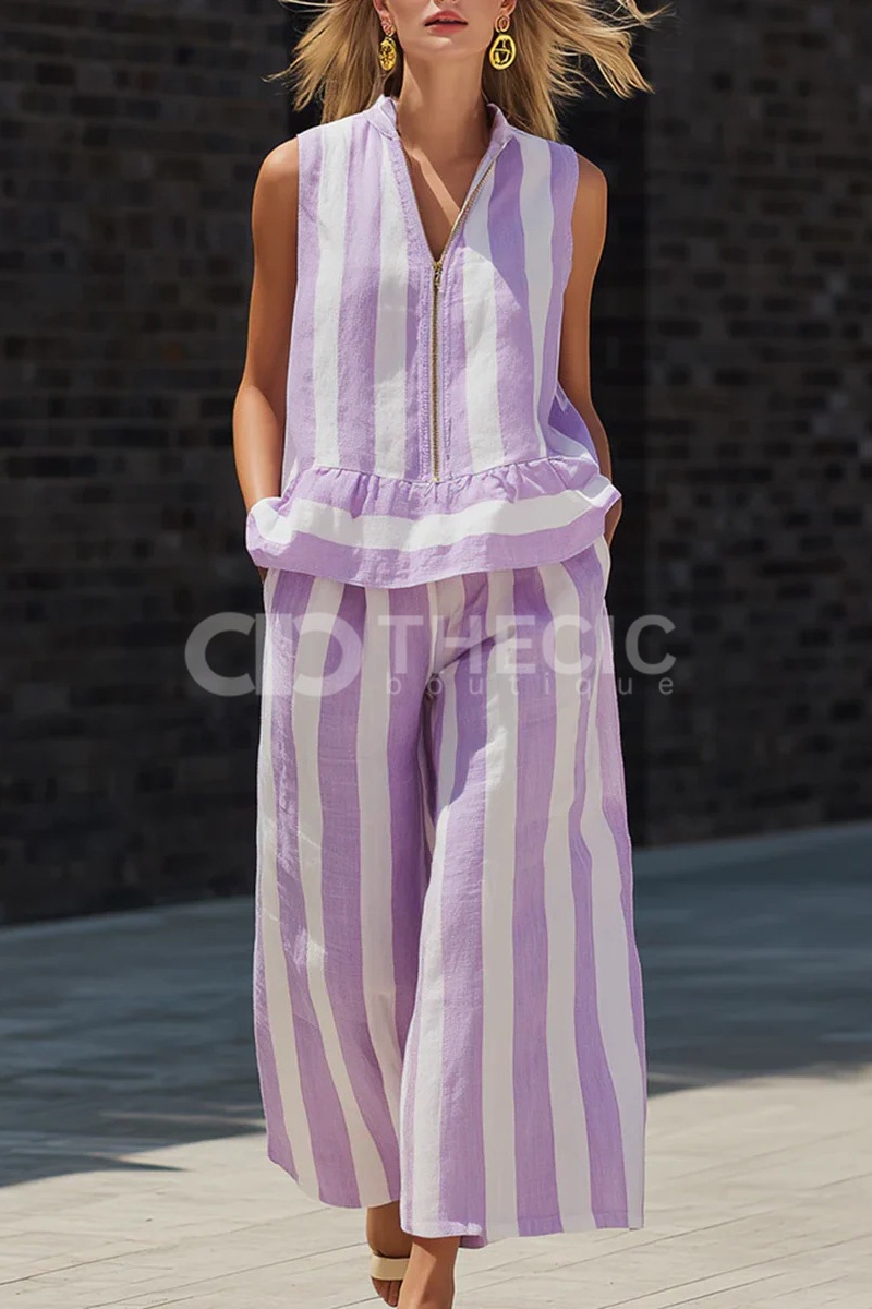 Linen Blend Striped Ruffle Hem Sleeveless Wide-Leg Pants Set