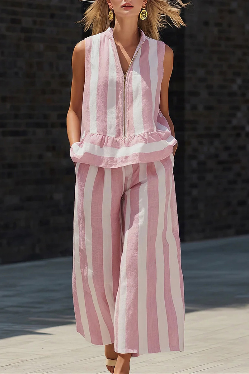 Linen Two Piece Set | Striped Ruffle Hem Sleeveless Wide-Leg Pants Set | Resort Vacation Outfit