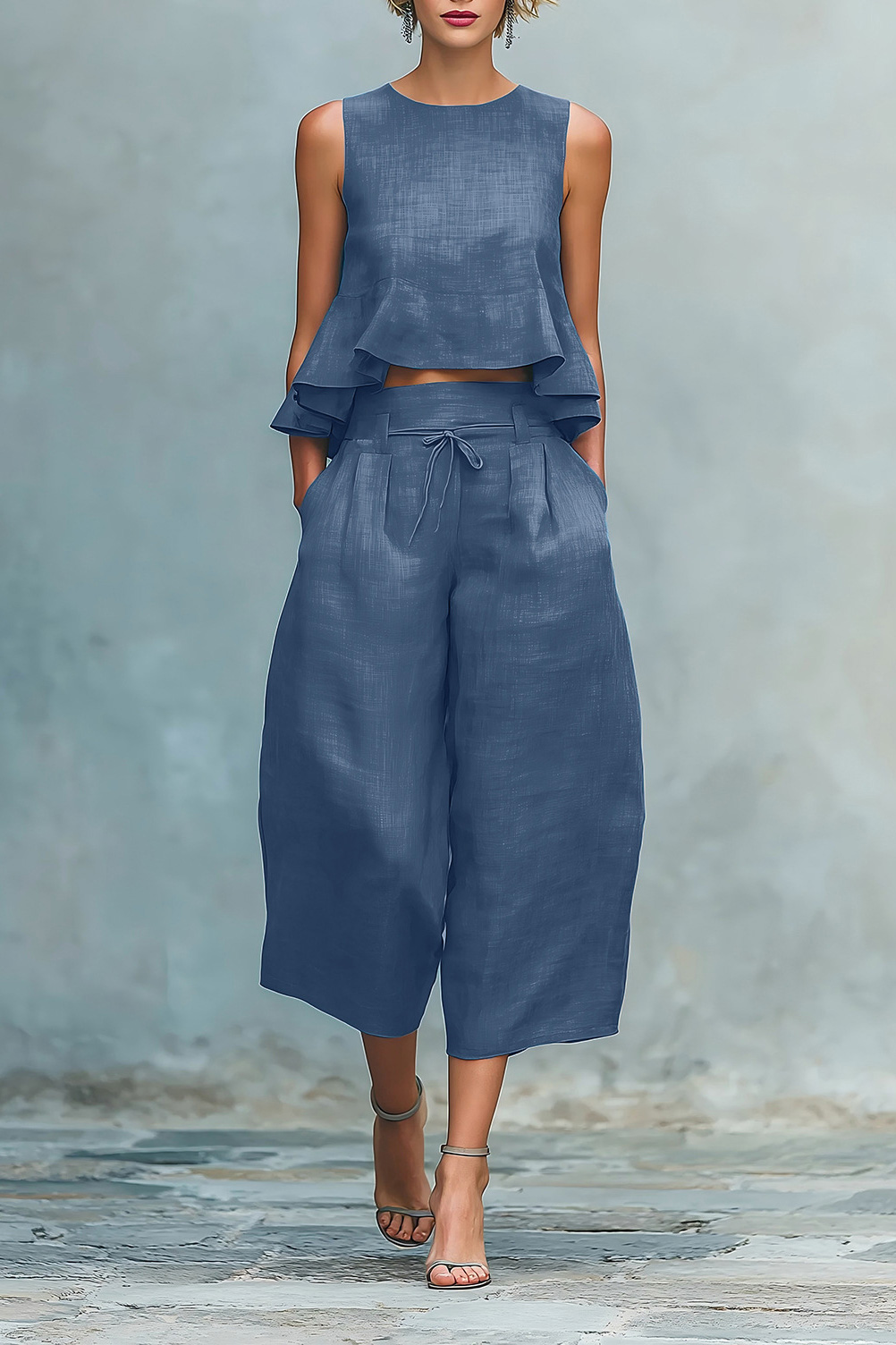 Linen Two Piece Set | Sleeveless Tiered Peplum Top & Wide Leg Cropped Pants | Resort Vacation Outfit