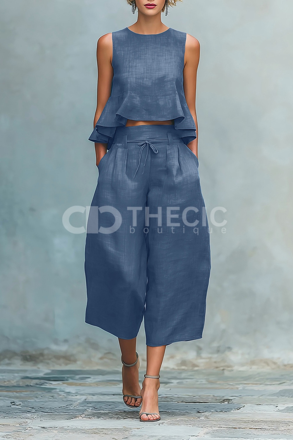 Linen-Blend Tiered Peplum Sleeveless Top Cropped Pants Set