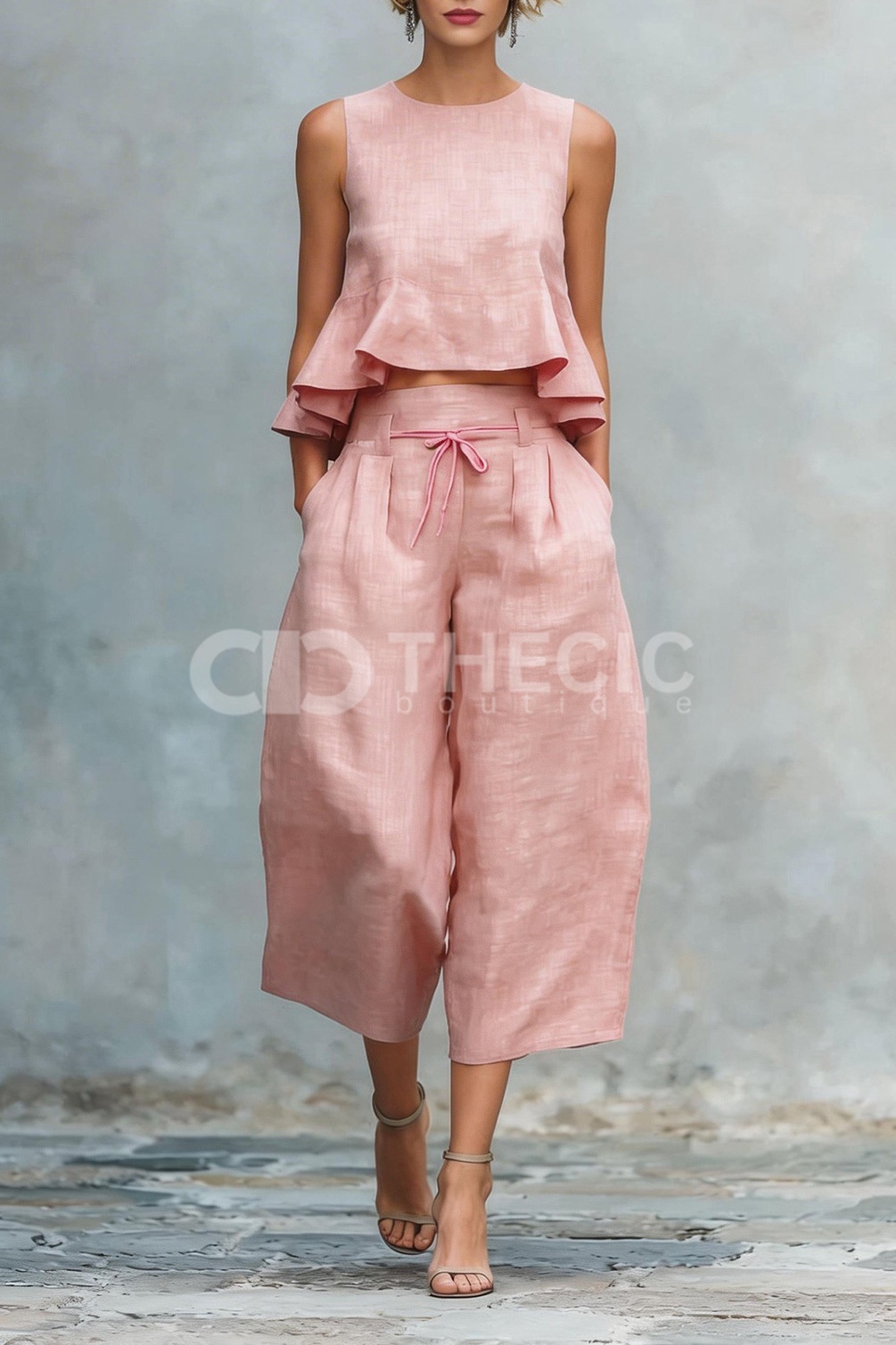 Linen-Blend Tiered Peplum Sleeveless Top Cropped Pants Set