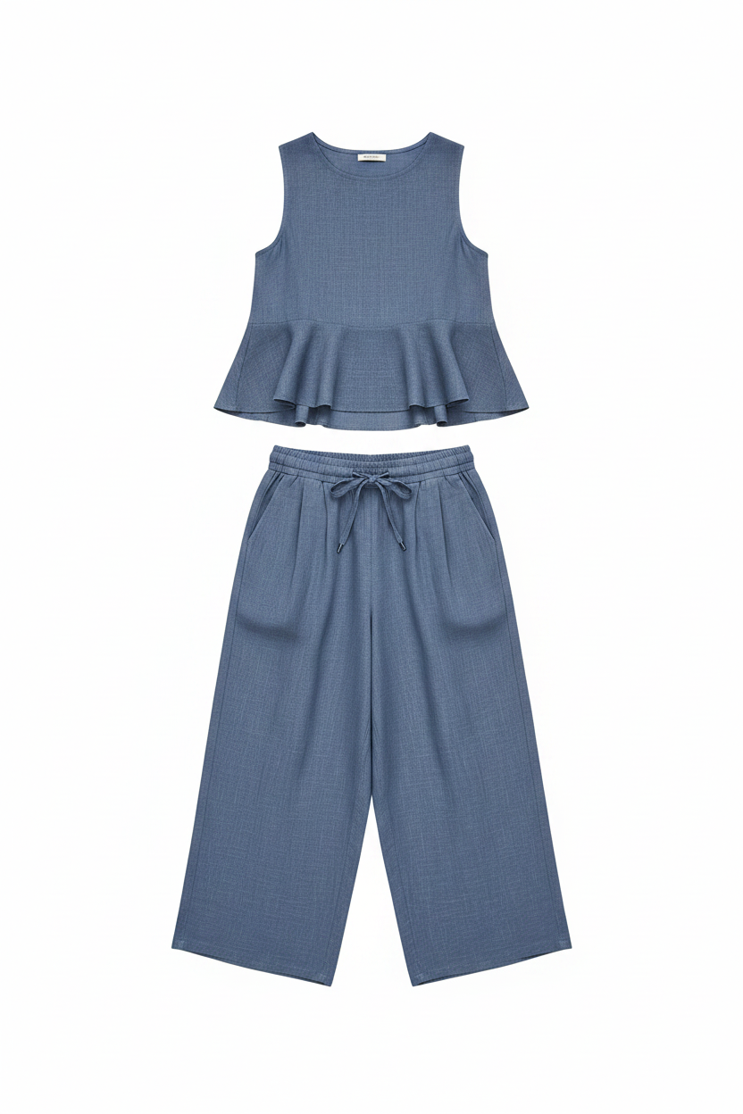 Linen-Blend Tiered Peplum Sleeveless Top Cropped Pants Set