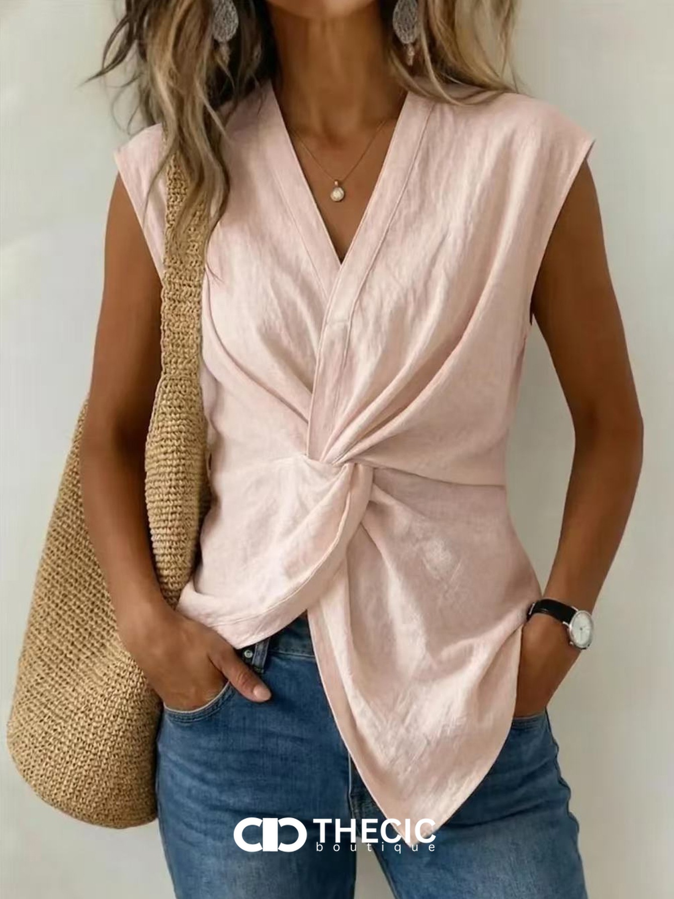 Linen Blend Twisted Knot V-Neck Sleeveless Top