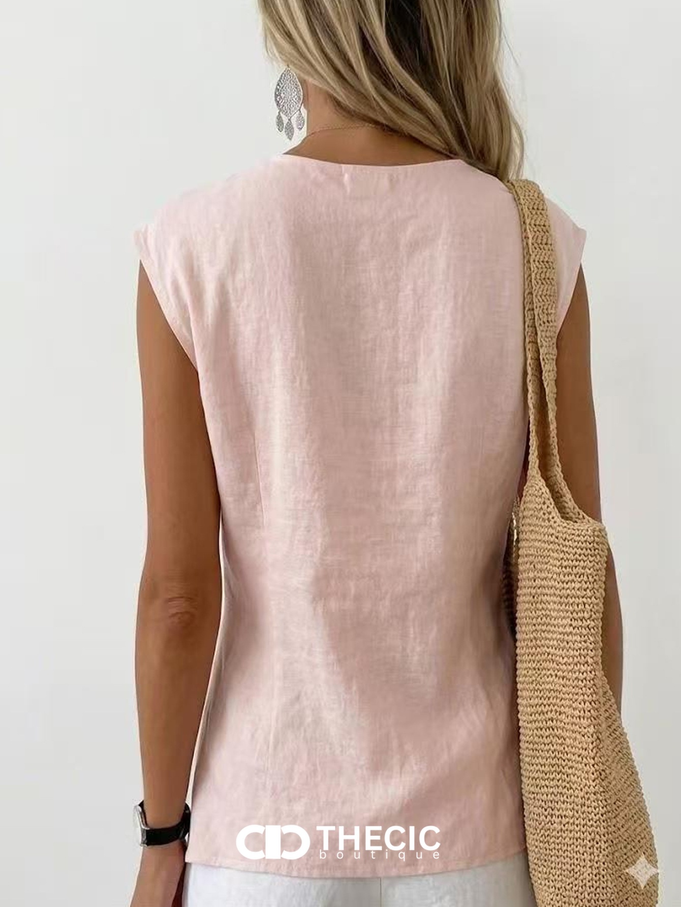 Linen Blend Twisted Knot V-Neck Sleeveless Top