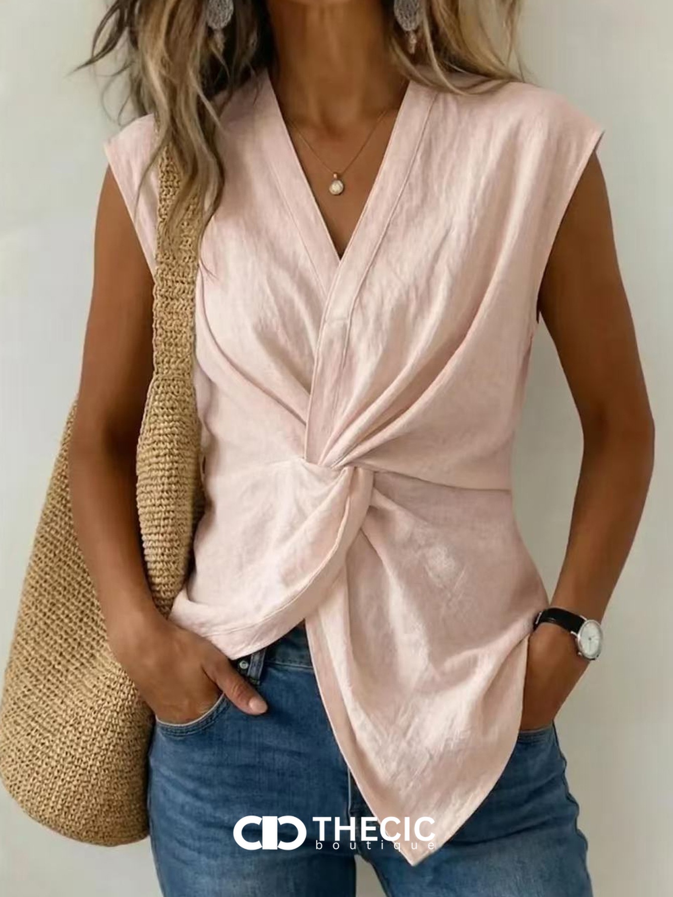 Linen Blend Twisted Knot V-Neck Sleeveless Top