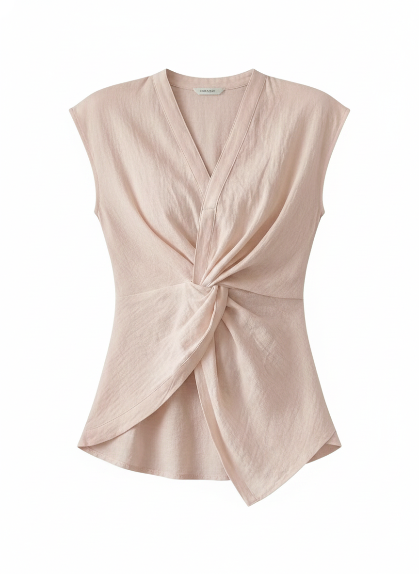 Linen Blend Twisted Knot V-Neck Sleeveless Top