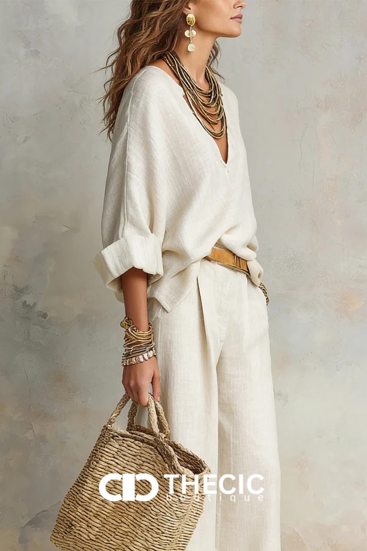 Linen Blend V-Neck Relaxed Wide-Leg Two-Piece Set