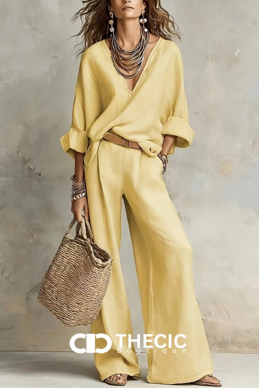 Linen Blend V-Neck Relaxed Wide-Leg Two-Piece Set