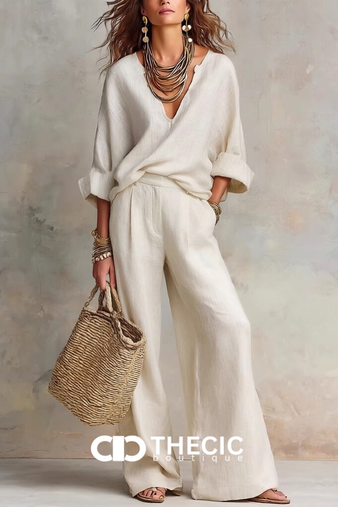 Linen Blend V-Neck Relaxed Wide-Leg Two-Piece Set