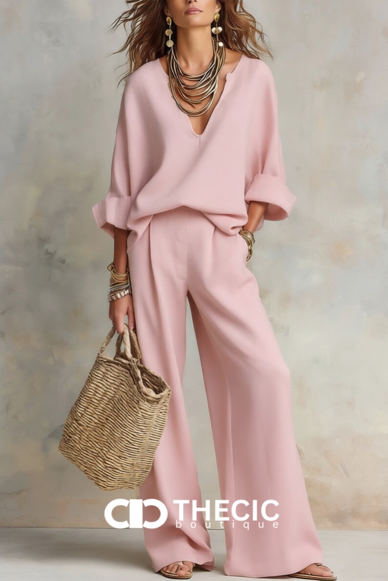 Linen Blend V-Neck Relaxed Wide-Leg Two-Piece Set
