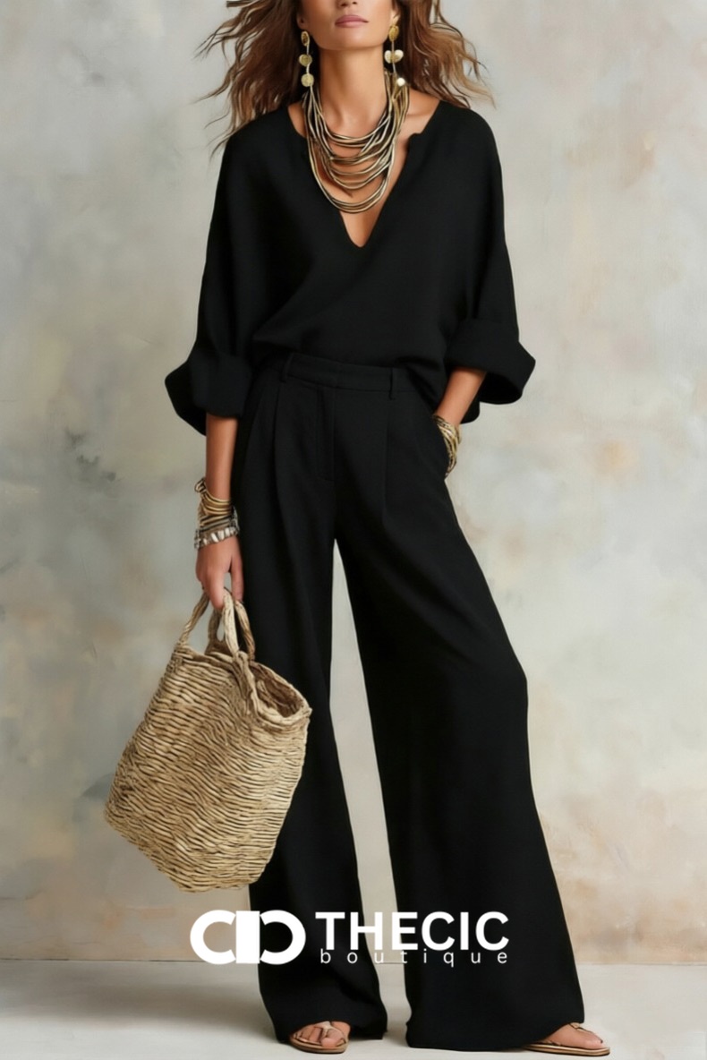 Linen Blend V-Neck Relaxed Wide-Leg Two-Piece Set