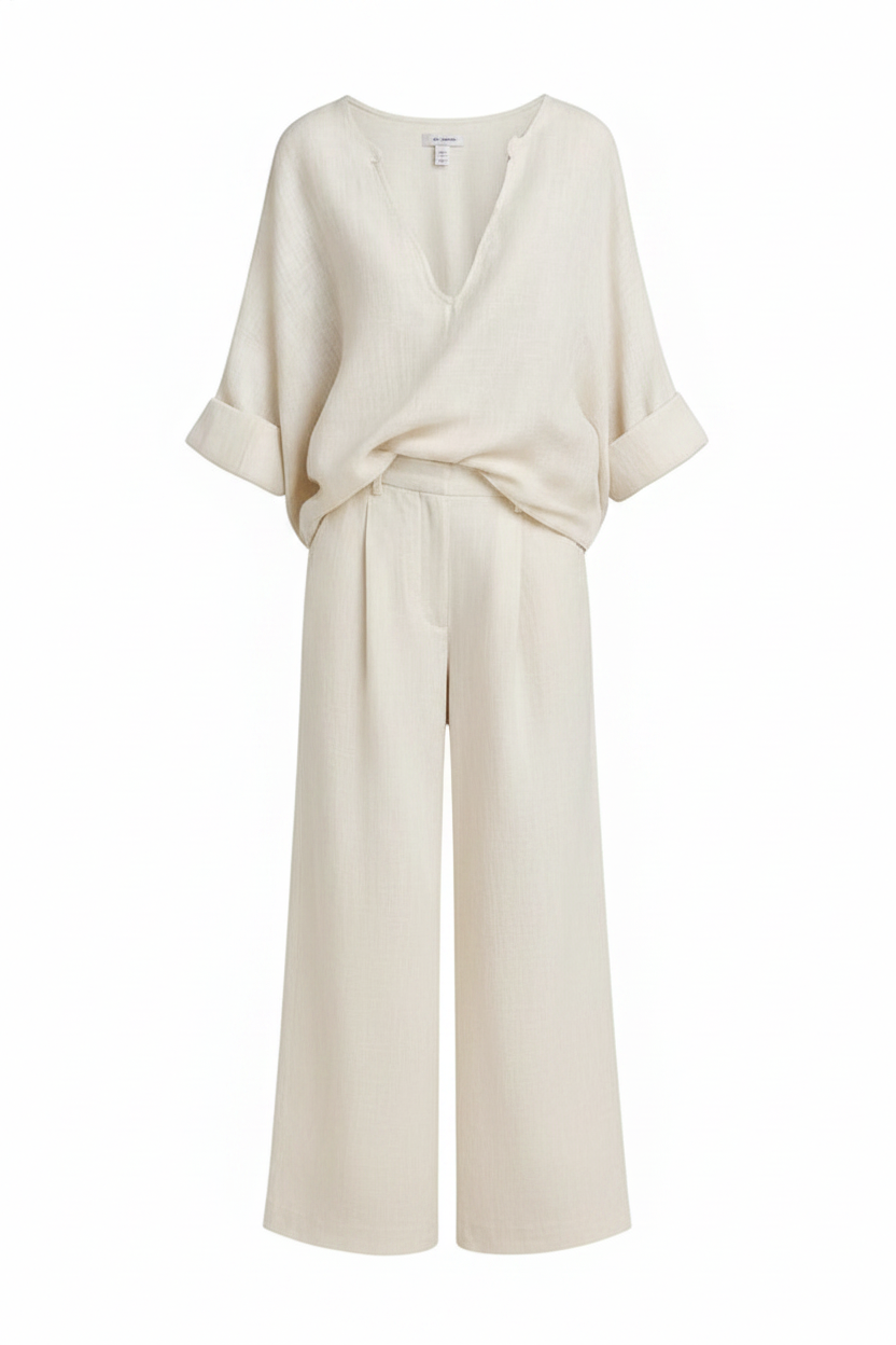 Linen Blend V-Neck Relaxed Wide-Leg Two-Piece Set