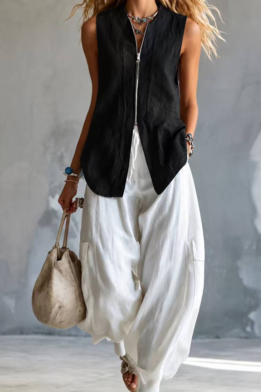 Linen Blend Zipper Front Sleeveless Vest Top and Pants Set